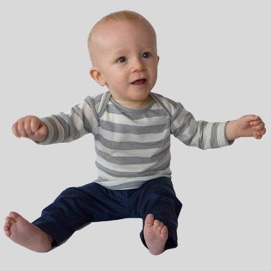 Boy Wearing Grey and Cream Long Sleeve Merino Top