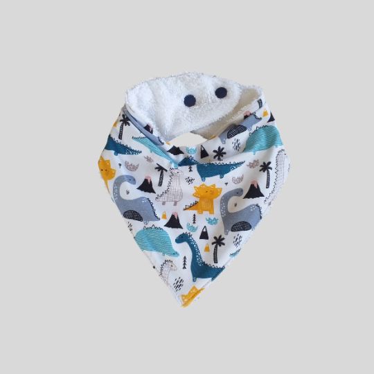 Front view of the Blue Dinosaurs Bandana Dribble Bib