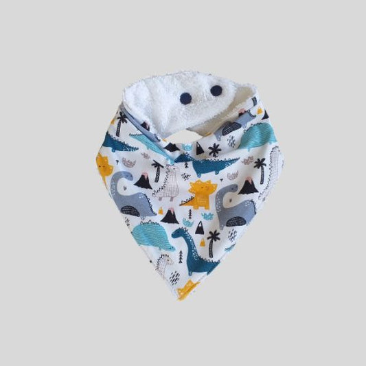 Front view of the Blue Dinosaurs Bandana Dribble Bib