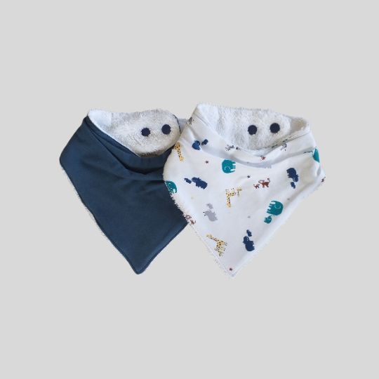 Front views of the Dark Teal and Safari Bandana Dribble Bibs