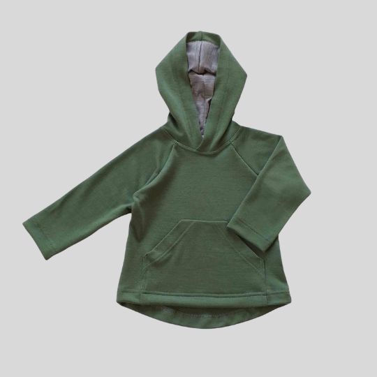 Front view of the Flax and Grey Marle Pocket Merino Hoody