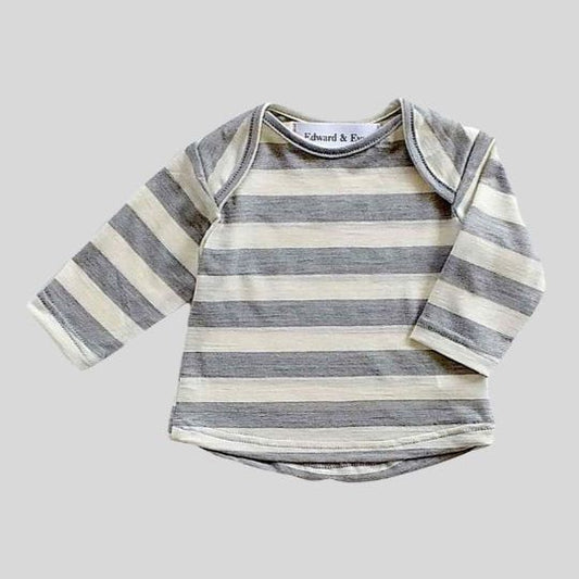 Front view of the Grey and Cream Stripe Merino Long Sleeve Top