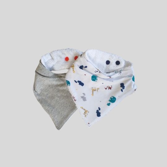 Front views of the Grey Marle and Safari Bandana Dribble Bibs