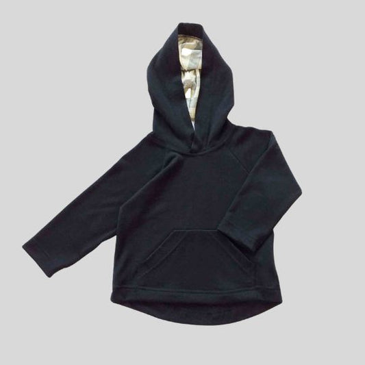 Front view of the Navy and Grey/Cream Stripe Pocket Merino Hoody