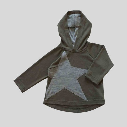 Front view of Olive Green and Grey Marle Rising Star Merino Hoody