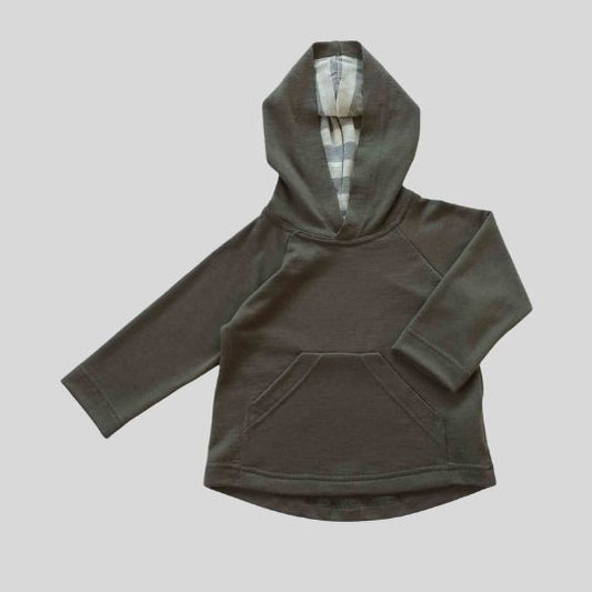 Front view of the Olive and Grey/Cream Stripe Pocket Merino Hoody