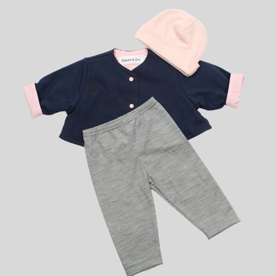 Pink Merino Beanie with Blue Top and Grey Pants