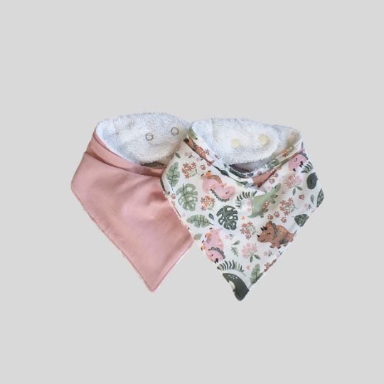 Front view of the Pink and the Pink Dinosaurs Bandana Dribble Bib