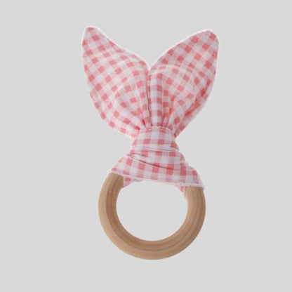 Checked Pink and White Bunny Ears Teething Ring