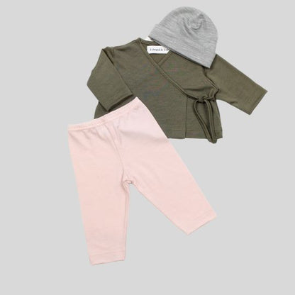 Grey Marle Merino Beaniie with Olive Green Top and Pink Pants