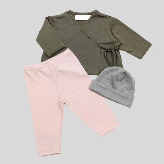 Lay flat view of the Olive Green X-over Cardi with Pink Pants and Grey Marle Beanie