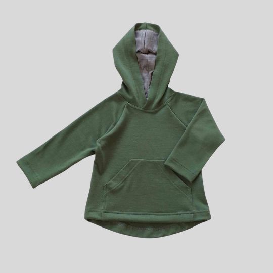 Front view of the Flax and Grey Marle  Pocket Merino Hoody