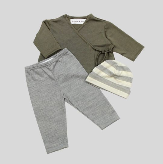 Grey Cream Merino Beanie with Olive Green Top and Grey Pants