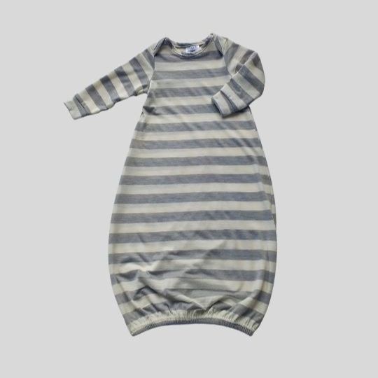 Front view of a Merino Baby Gown coloured Grey and Cream Stripe