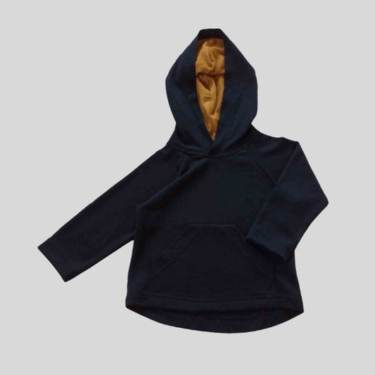 Front view of the Navy and Mustard Pocket Merino Hoody