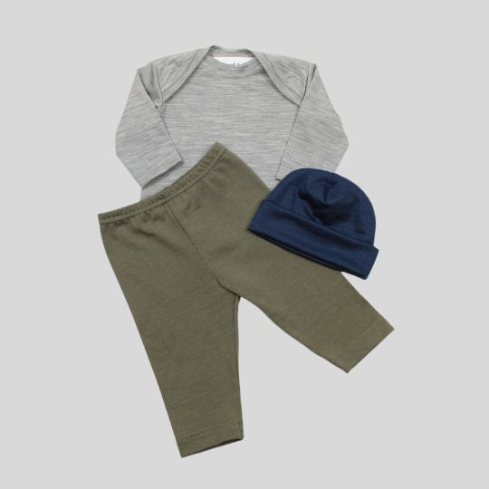 Navy Merino Beanie with Grey Top and Olive Green Pants