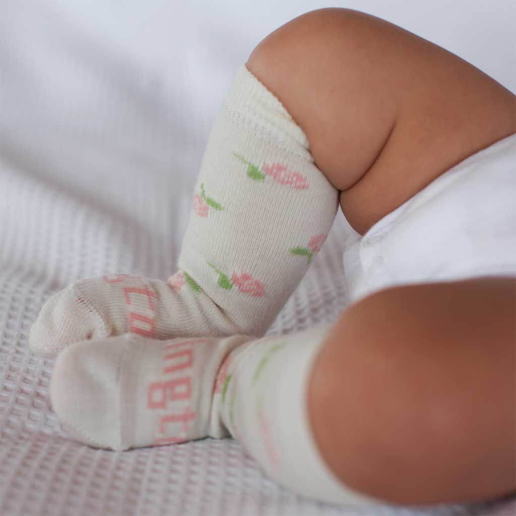 Lamington | Cream Knee High Socks with Rose Pattern 