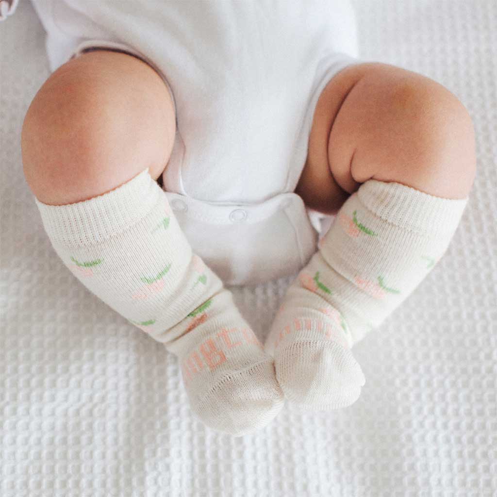 Lamington | Cream Knee High Socks with Rose Pattern 